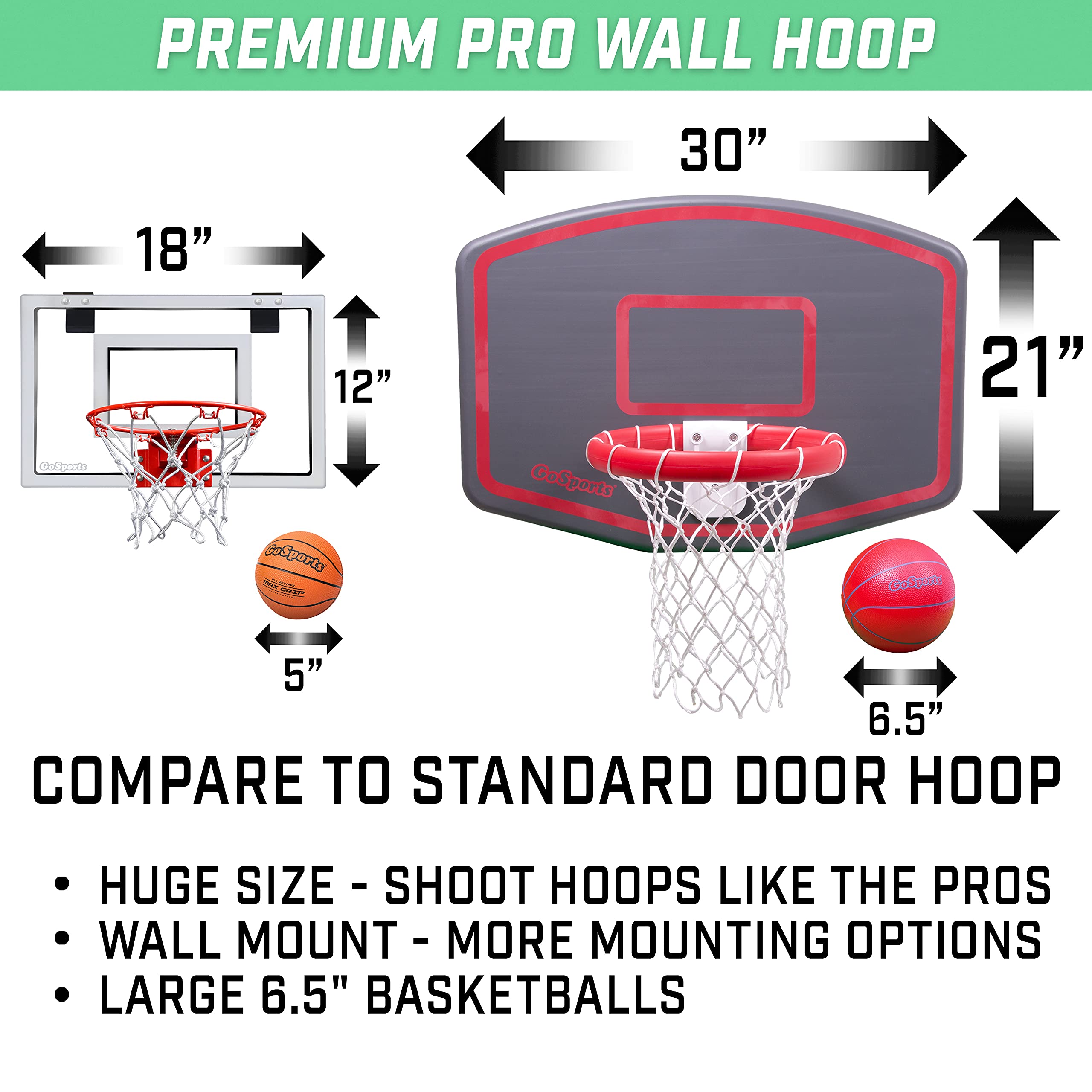 GoSports Wall Mounted Basketball Hoop - Indoor & Outdoor Hoop with Mounting Hardware, Includes 2 Basketballs and Ball Pump