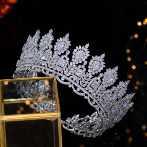 Aoligrace Luxury Cubic Zirconia Wedding Round Tiaras CZ Queen Princess Large Crowns Pageant Hair Jewelry Gifts for Women Wife