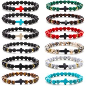 mozaka 12pcs 8mm cross beads bracelet for men women lava rock tiger eye stone howlite stone stretch elastic bracelet set