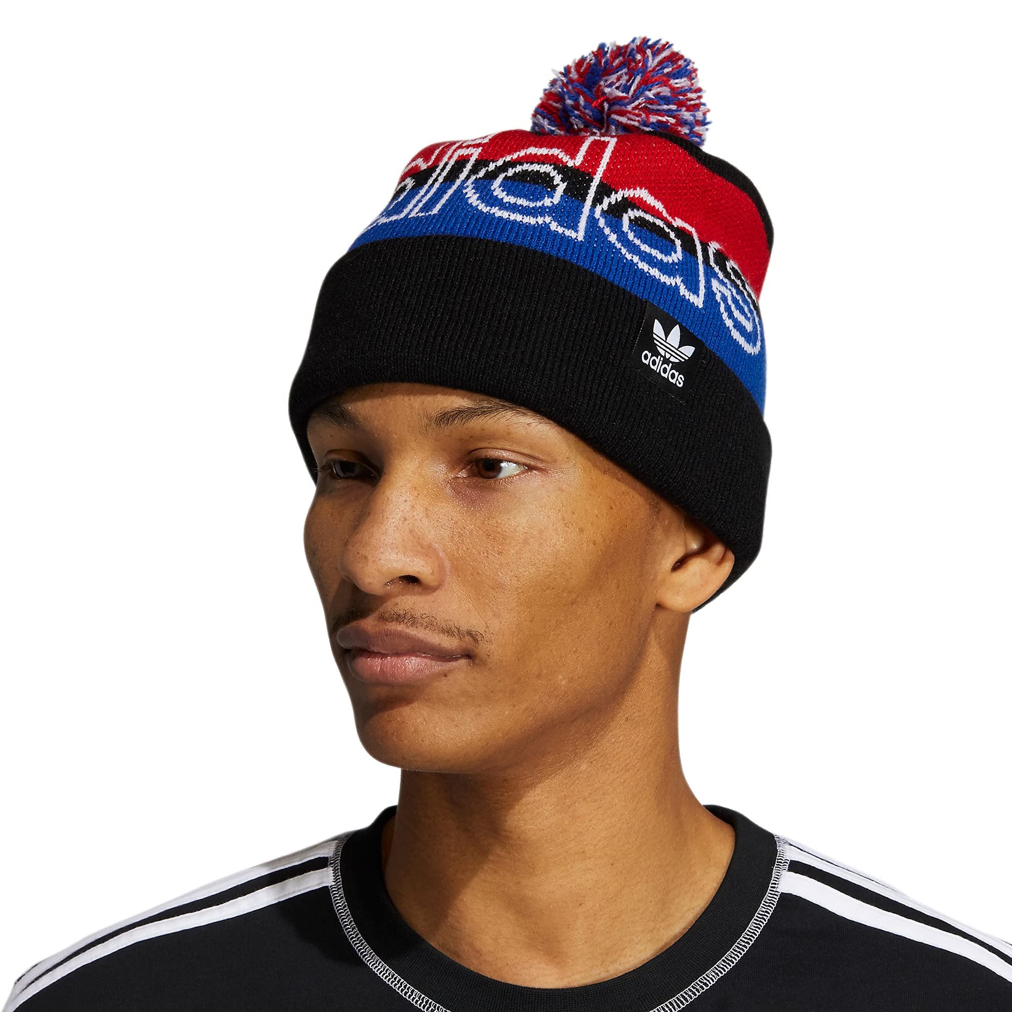 adidas Originals Unisex Originals Pom 3.0 Beanie, Black/Scarlet Red/Collegiate Royal Blue, One Size