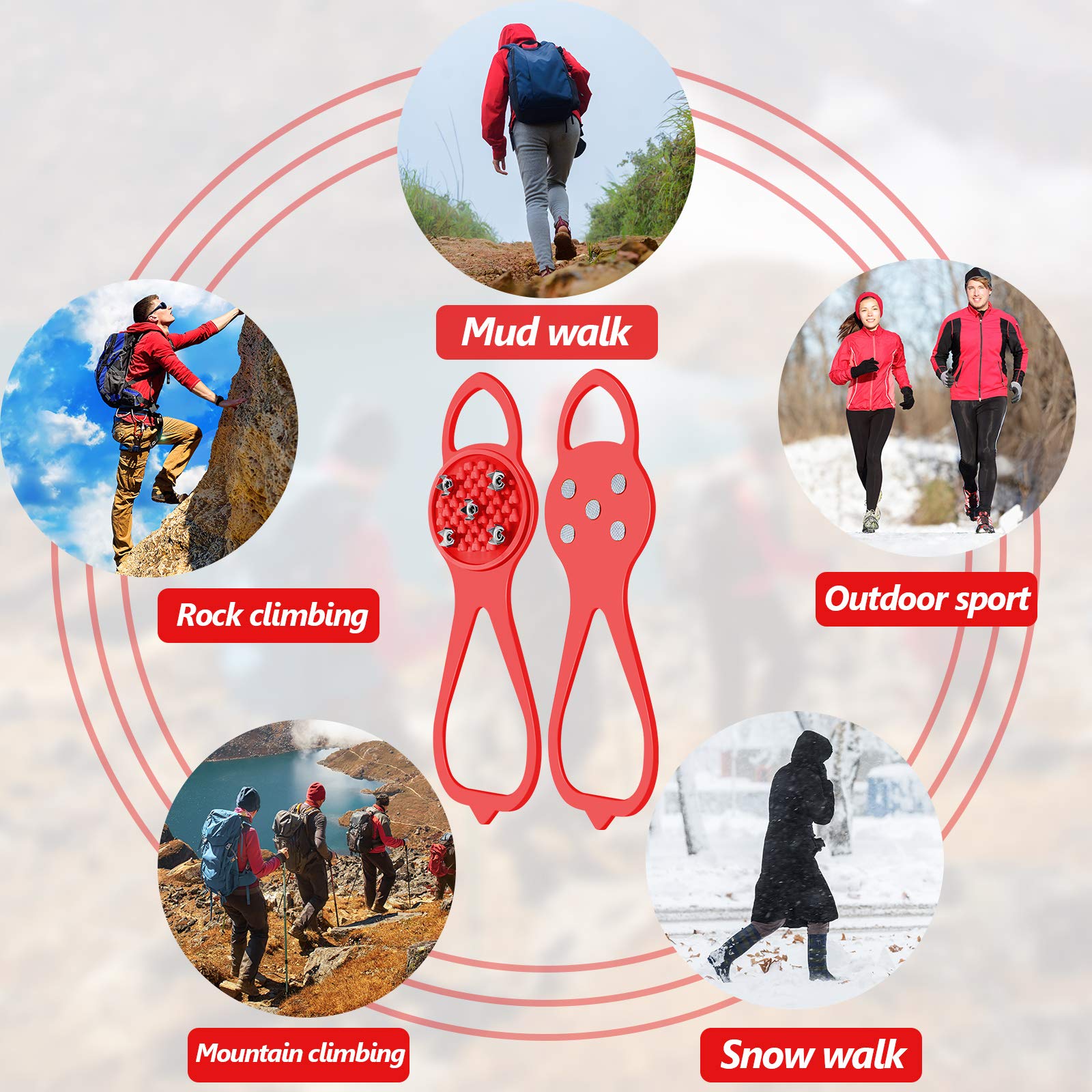 1 Pair Non Slip Gripper Spikes Claw Universal Ice Non Slip Shoe Spikes with 5 Tooth Steel Nails for Hiking Mountaineering Skiing Walking Shoes and Boots (Red)