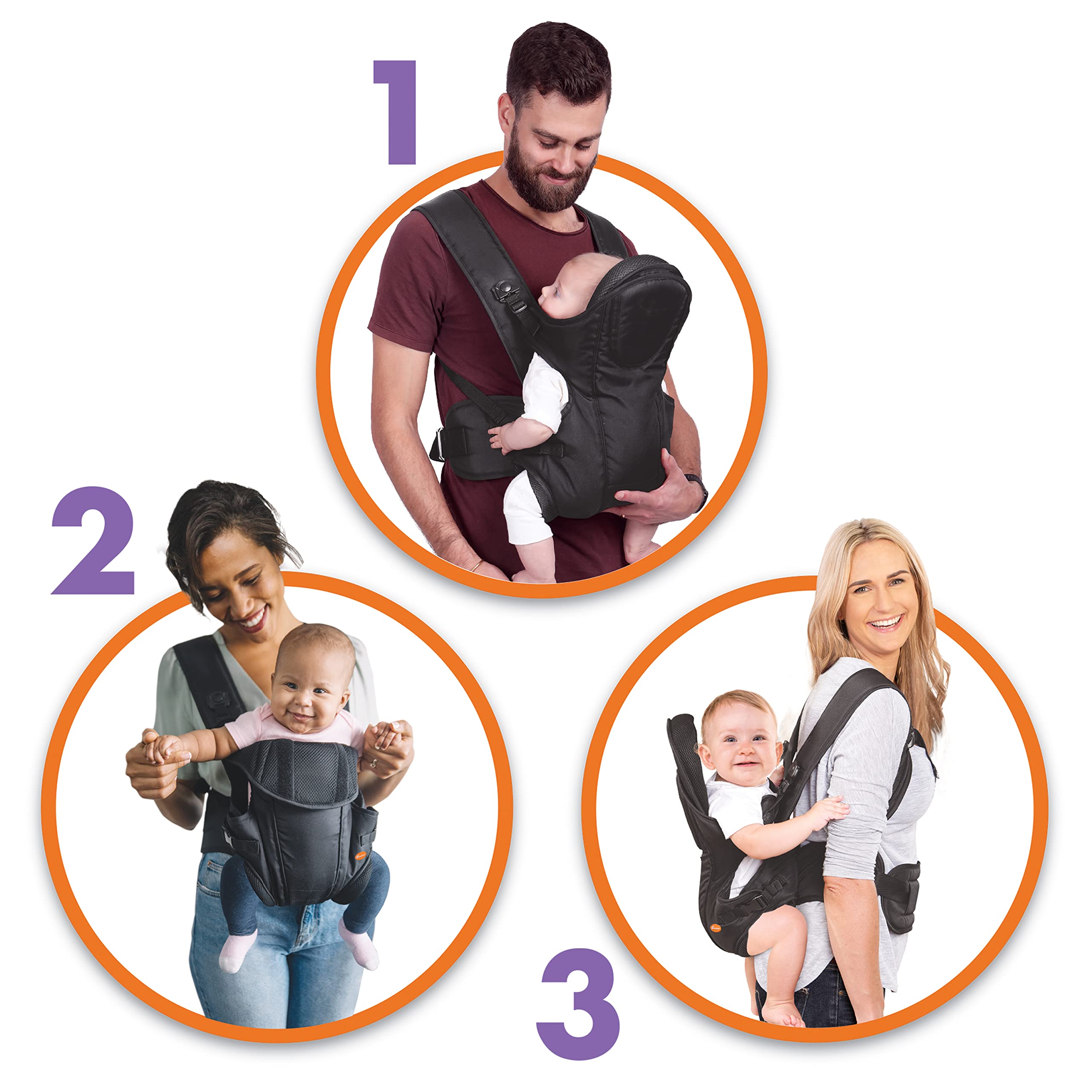 Dreambaby Manhattan Adjustable 3 in 1 Position Baby Carrier - IHDI Approved Hip Healthy - Newborns Toddlers up to 33lbs - Fits for Most Adult Sizes - Black - Model L296