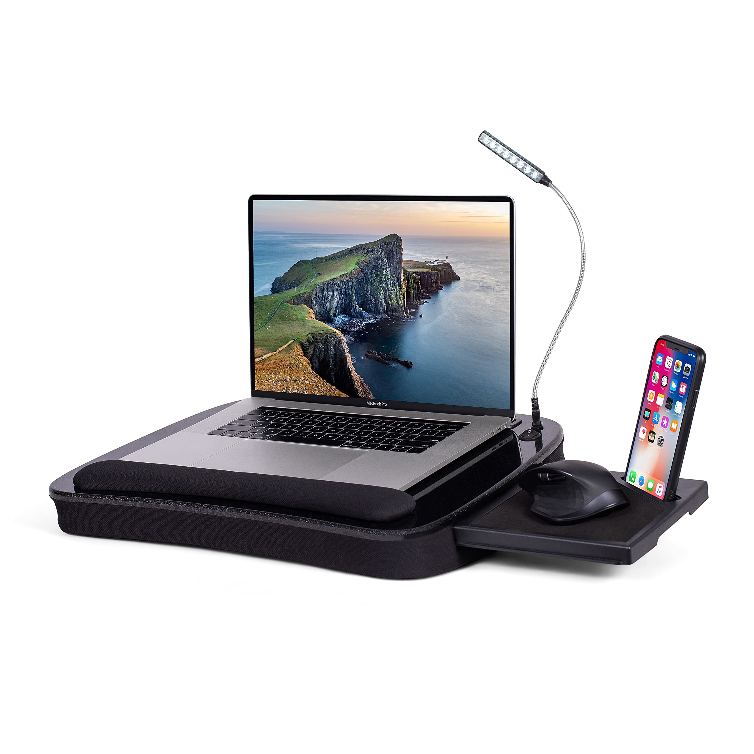 BIRDROCK HOME Multi-Tasking Lap Desk with Memory Foam Cushion | USB Light and Mouse Pad | Fits Laptops Up to 15" | Tablets Up to 9.6" | Smartphones Up to 4" | Black Spackle Top | Home Office