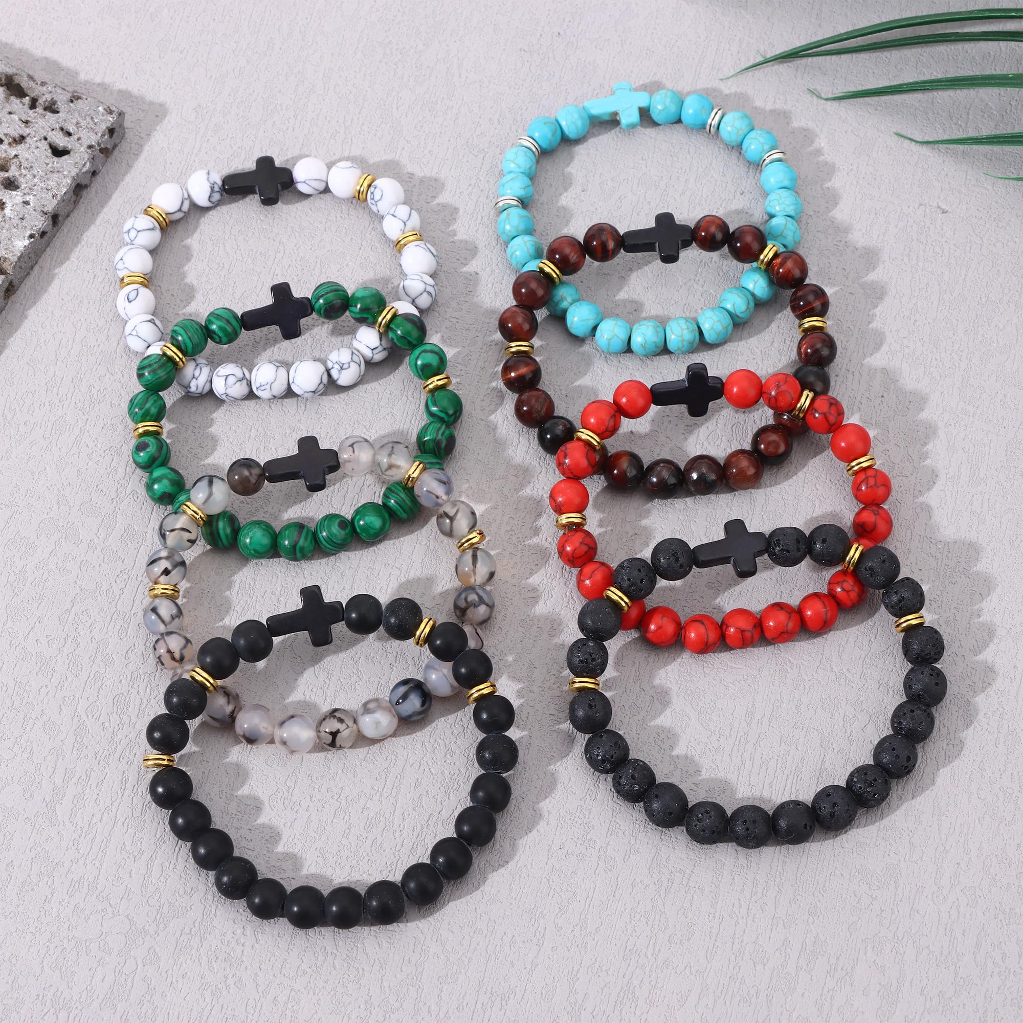 MOZAKA 12Pcs 8MM Cross Beads Bracelet for Men Women Lava Rock Tiger Eye Stone Howlite Stone Stretch Elastic Bracelet Set