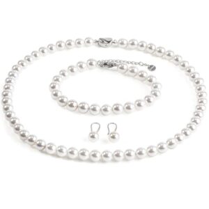 aoovoo pearl necklace and earring set, 18 inch pearl necklace for women, 8mm round shell pearl set