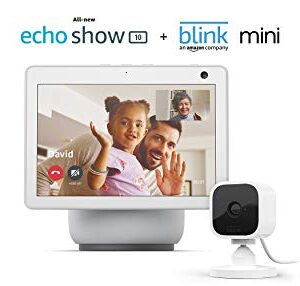 Echo Show 10 (3rd Gen) | Glacier White with Blink Mini Indoor Smart Security Camera, 1080 HD with Motion Detection