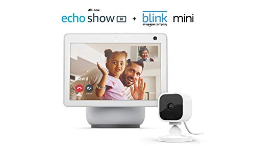 Echo Show 10 (3rd Gen) | Glacier White with Blink Mini Indoor Smart Security Camera, 1080 HD with Motion Detection