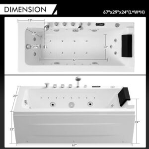 67 in Whirlpool Bathtub,Empava Jetted Tub with Heater,Hydro Massage Bathtub with 9 Water Jets+8 Air Jets,SPA Bathtub with Waterfall,Whirlpool Tub with Light,LED Control Panel