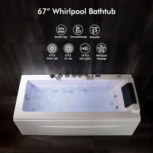 67 in Whirlpool Bathtub,Empava Jetted Tub with Heater,Hydro Massage Bathtub with 9 Water Jets+8 Air Jets,SPA Bathtub with Waterfall,Whirlpool Tub with Light,LED Control Panel