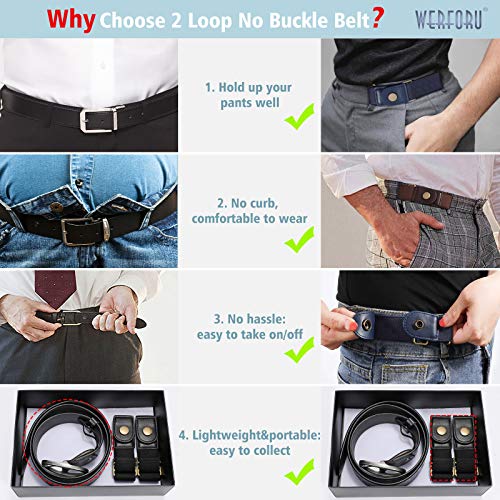 WERFORU Unisex 2 Pack Buckle Free Belt for Ladies Men 2 Loop No Buckle Stretch Belt for Jeans Pants, Black,Fits 2 loop distance : 3"-6”