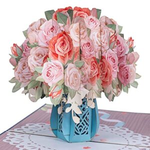 Paper Love 3D Pink Roses Pop Up Card, 5" x 7" Cover - Includes Envelope and Note Card