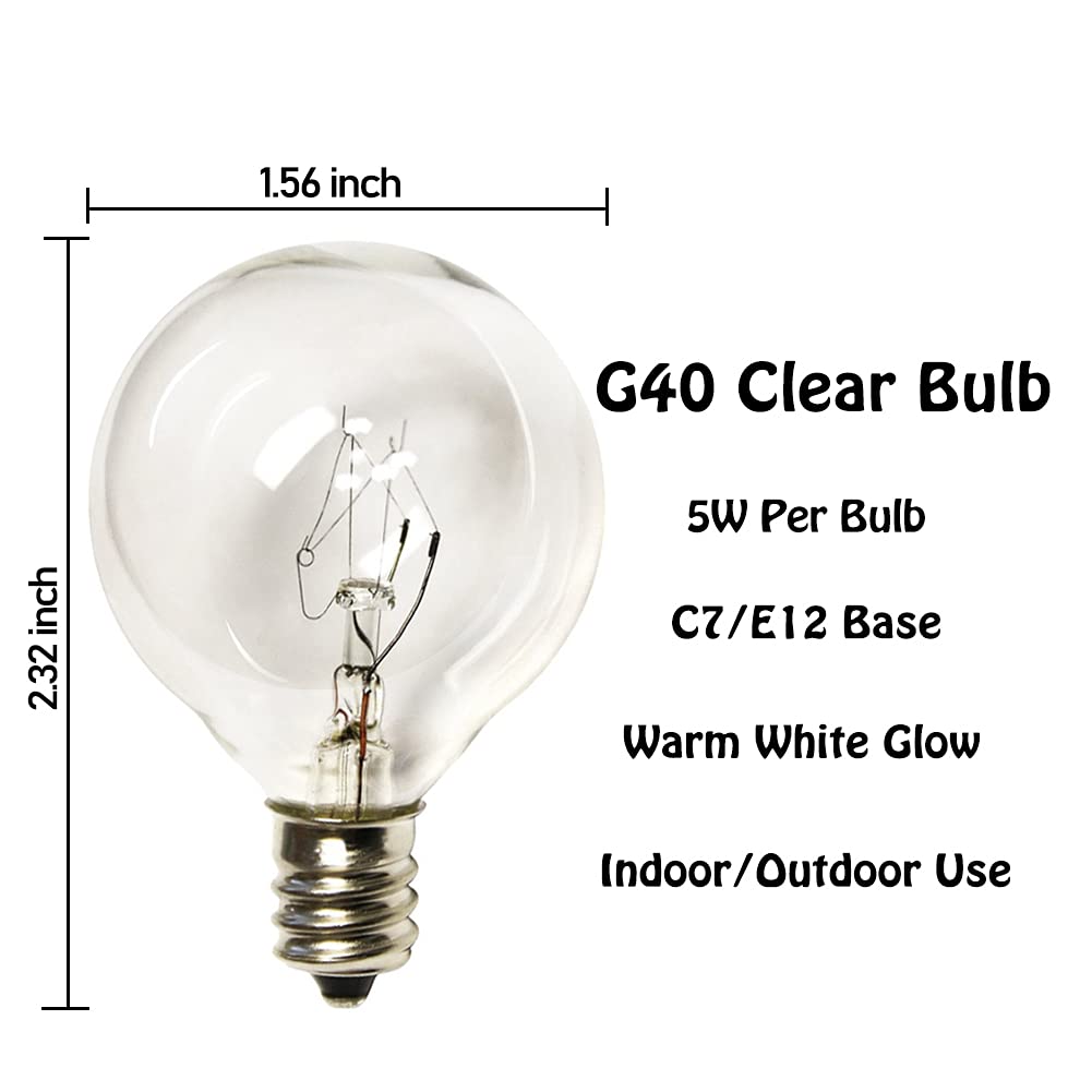 G40 Replacement Light Bulbs, 5W Globe Bulbs fits E12/C7 Candelabra Screw Base, 1.5 Inch Clear Small Light Bulbs for Indoor Outdoor String Light Bulbs Decor, Pack of 25