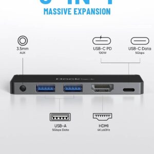 iPad Pro USB C Hub Adapter, Dockteck 5 in 1 Dongle with 4K@60Hz HDMI, Type C to 3.5mm Audio Headphone Jack, 100W PD and 2 USB 3.0 for iPad Pro 2021 2020 M1 12.9/11, iPad Air 5/4, Mini 6