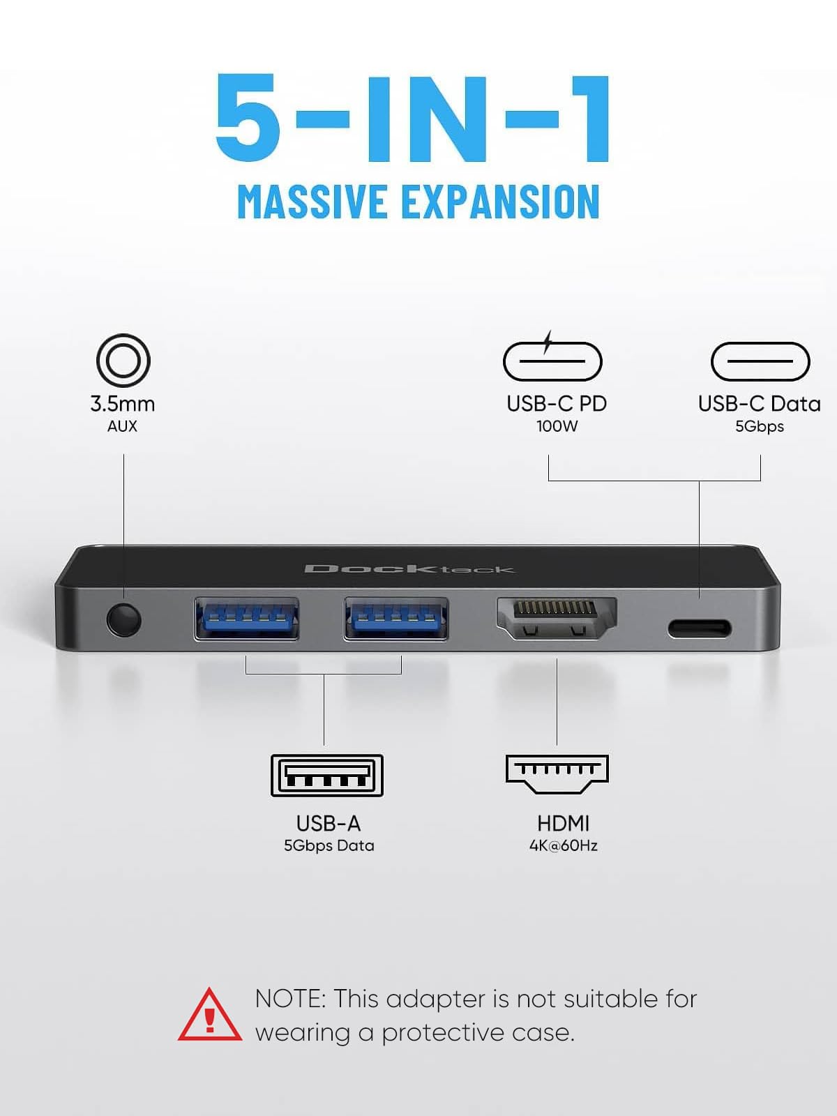 iPad Pro USB C Hub Adapter, Dockteck 5 in 1 Dongle with 4K@60Hz HDMI, Type C to 3.5mm Audio Headphone Jack, 100W PD and 2 USB 3.0 for iPad Pro 2021 2020 M1 12.9/11, iPad Air 5/4, Mini 6