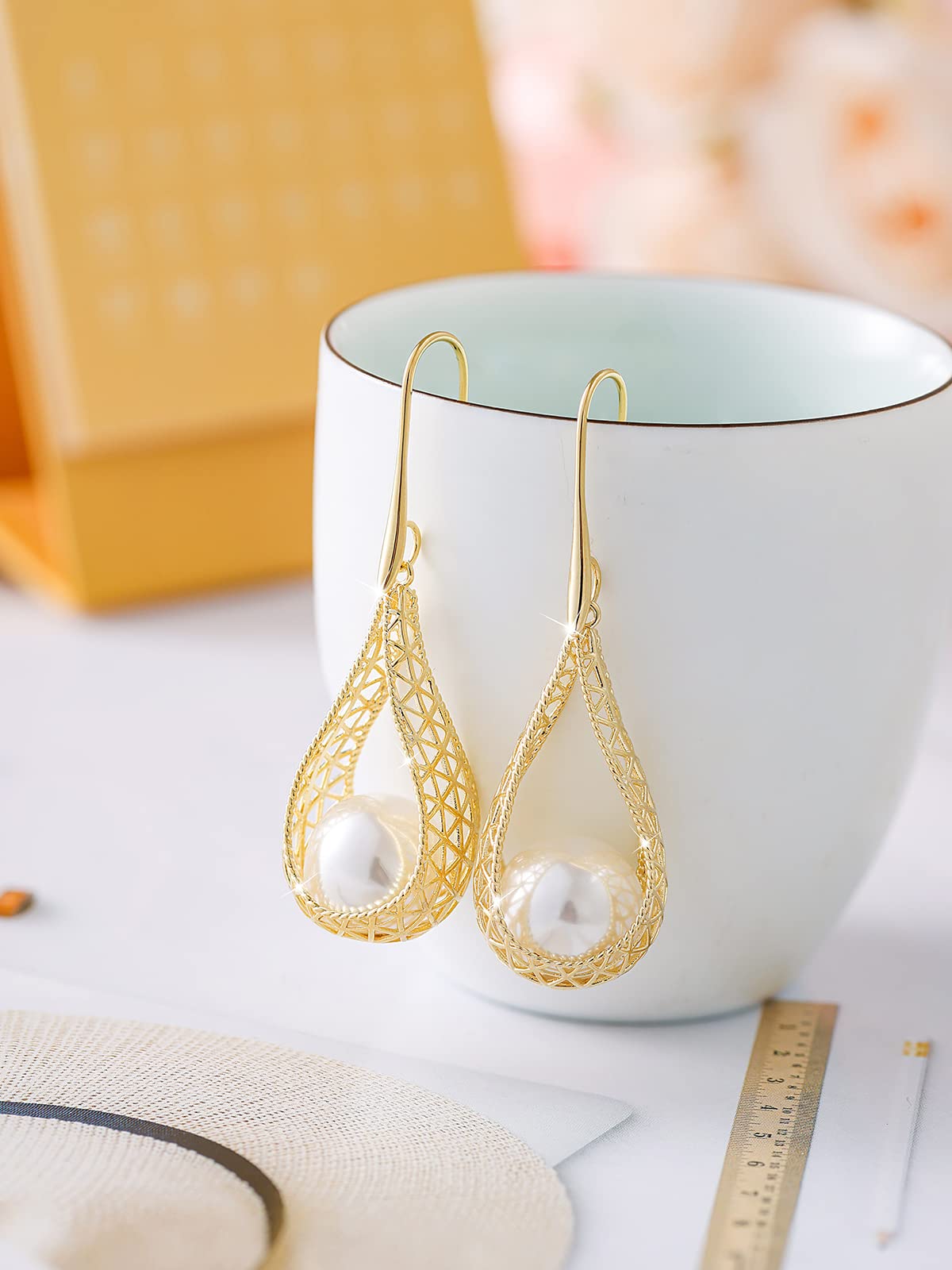 Big White Pearl Dangle Pierced Earrings for Women (White-14K Gold)