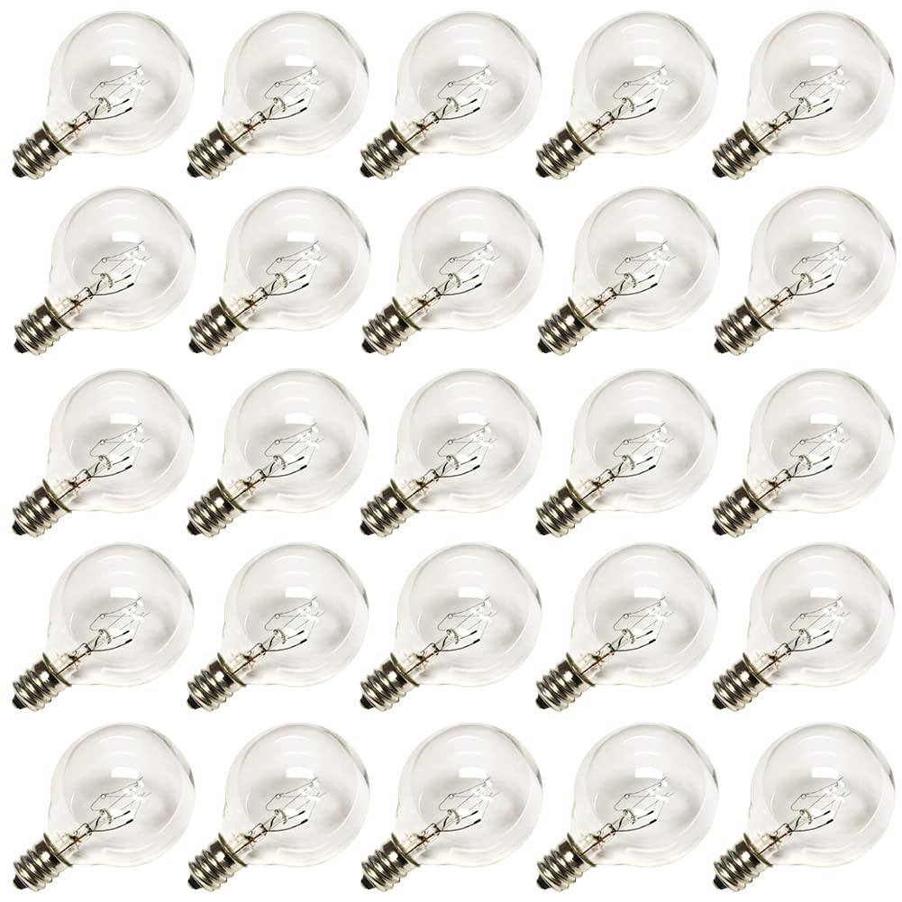 G40 Replacement Light Bulbs, 5W Globe Bulbs fits E12/C7 Candelabra Screw Base, 1.5 Inch Clear Small Light Bulbs for Indoor Outdoor String Light Bulbs Decor, Pack of 25