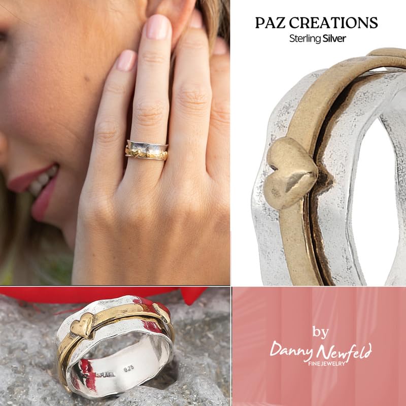 Paz Creations Women's 925 Sterling Silver Heart Spinner Ring - Boho Style Fidget Ring With Sturdy Band - Handmade Artisan Jewelry Made In Israel, Gift Ready For Her - 14K Yellow Gold - Size 8