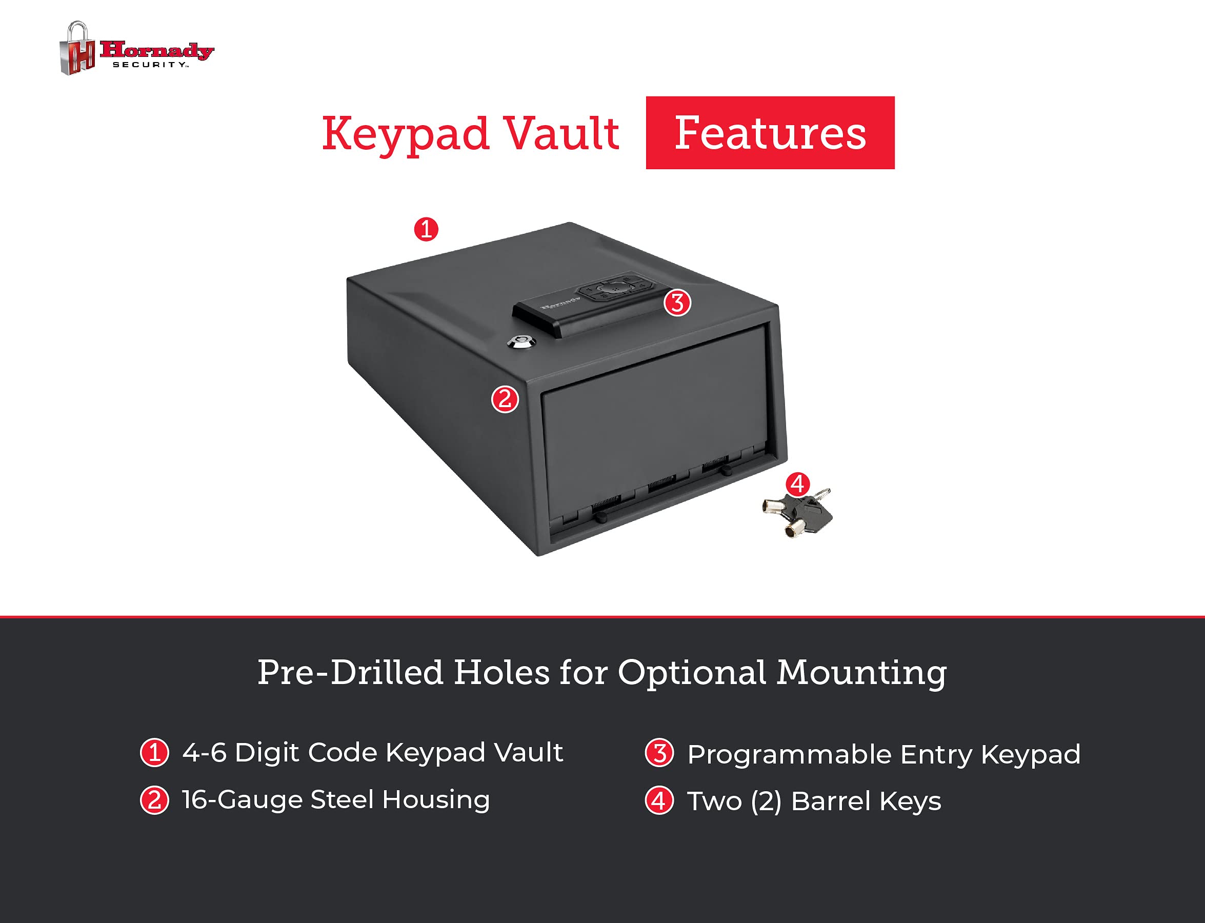 Hornady 1 Gun Keypad Vault Safe with Keypad Entry – Secure Your Firearms and Valuables – 4-6 Keypad Entry, Interior Light and Backup Keys – Black, 12.7 (H) x 9 (W) x 5.25 (D) Inches – Item 95433