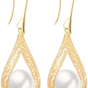 Big White Pearl Dangle Pierced Earrings for Women (White-14K Gold)