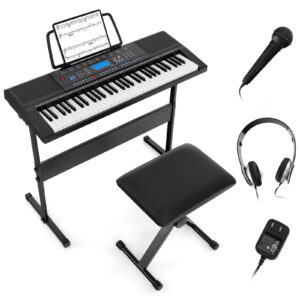 costzon 61 key keyboard piano, electric piano keyboard for beginners with stand & bench, 300 timbres, 300 rhythms, 50 demos, 3 teaching modes, headphones, microphone, lcd screen, built-in speakers