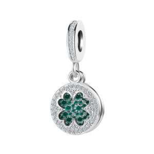 qeensekc lucky four-leaf clover dangle charm st. patrick's day crystal bead for pandora charm bracelet, copper,green