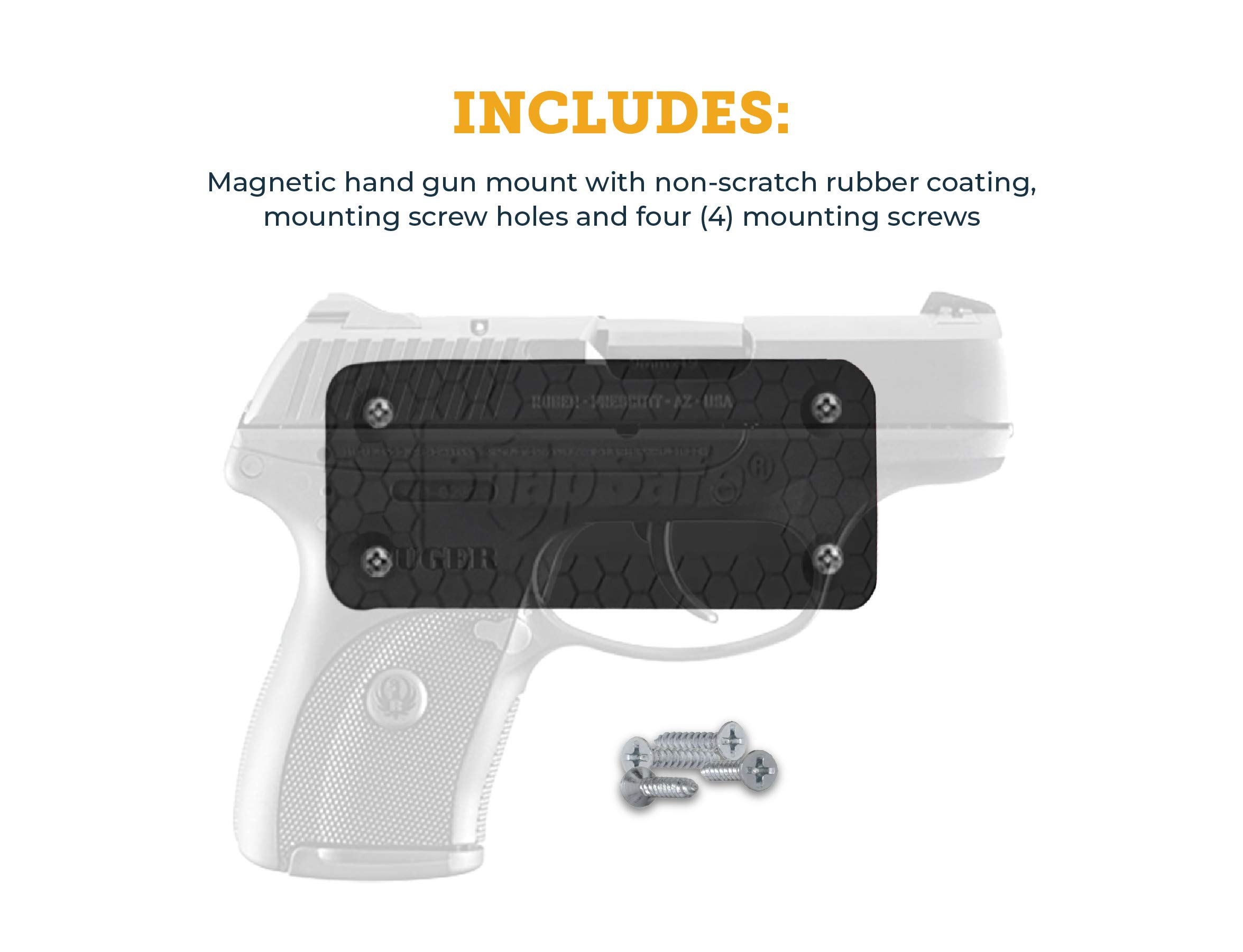 SnapSafe Magnetic Gun Mount 75912-Non-Scratch Rubber Coated Gun Magnet Mount for Pistols, Handguns, Revolvers, & Firearm Accessories - Magnetic Gun Holder Rated for 43 Pounds, Includes Mounting Screws