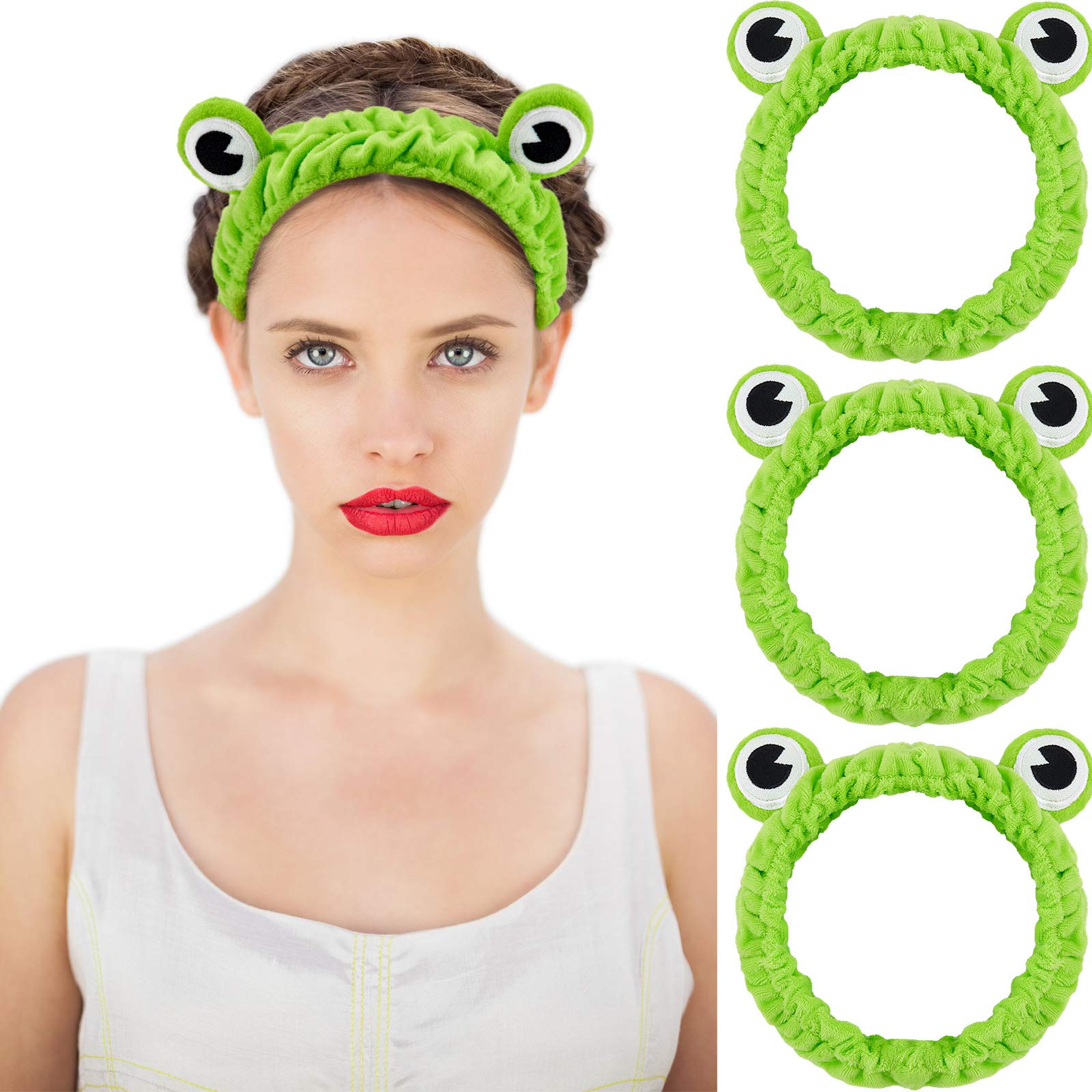 3 Pieces Frog Headband Frog Eye Elastic Headband Cute Frog Headband for Face Washing Frog Head Wrap Green Funny Hair Band Elastic Turban Headbands for Girls Women Shower Spa Yoga Beauty Skincare