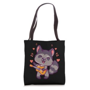 Valentine Raccoon Playing Guitar Heart Love Singing Raccoon Tote Bag