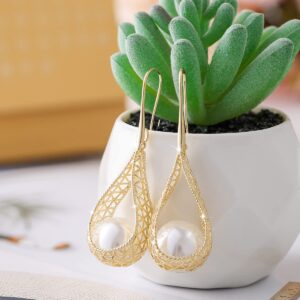 Big White Pearl Dangle Pierced Earrings for Women (White-14K Gold)