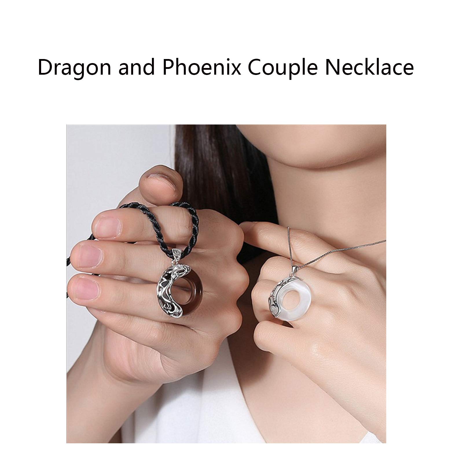 poceton Matching Necklaces for Couples, 925 Sterling Silver Obsidian Pendant, Antique Dragon and Phoenix Pendant Lovers Jewelry Valentine's Day Couple Necklace Gifts for Him and her