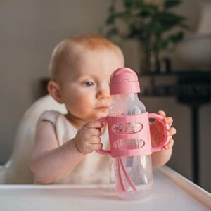 Dr. Brown's Milestones Narrow Sippy Straw Bottle, Spill-Proof with 100% Silicone Handles and Weighted Straw, 8 oz/250 mL, Pink, 6m+