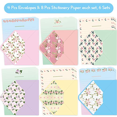 Cute Floral Stationery Paper (48 PCS) 7.1 x 5.2" Lined Matching Envelopes (24 PCS) Double Sided for Invites