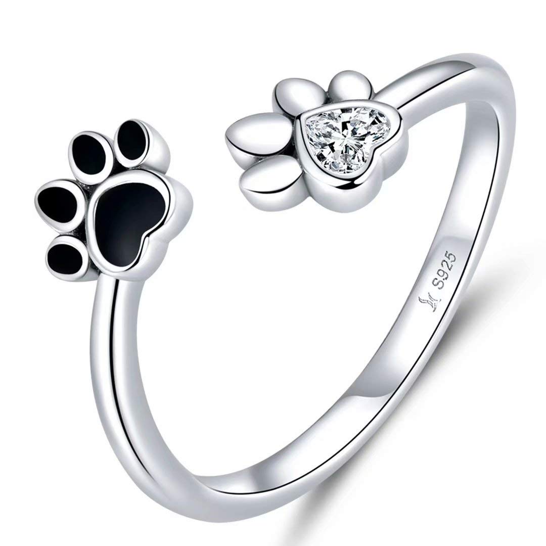 Qings Dog Paw Open Ring 925 Sterling Silver Adjustable Pet Footprint Ring Gift for Mom and Wife