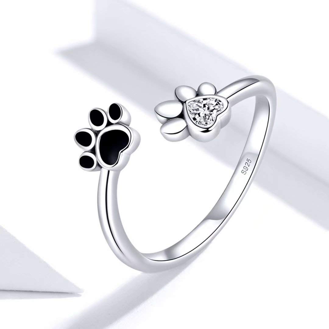 Qings Dog Paw Open Ring 925 Sterling Silver Adjustable Pet Footprint Ring Gift for Mom and Wife