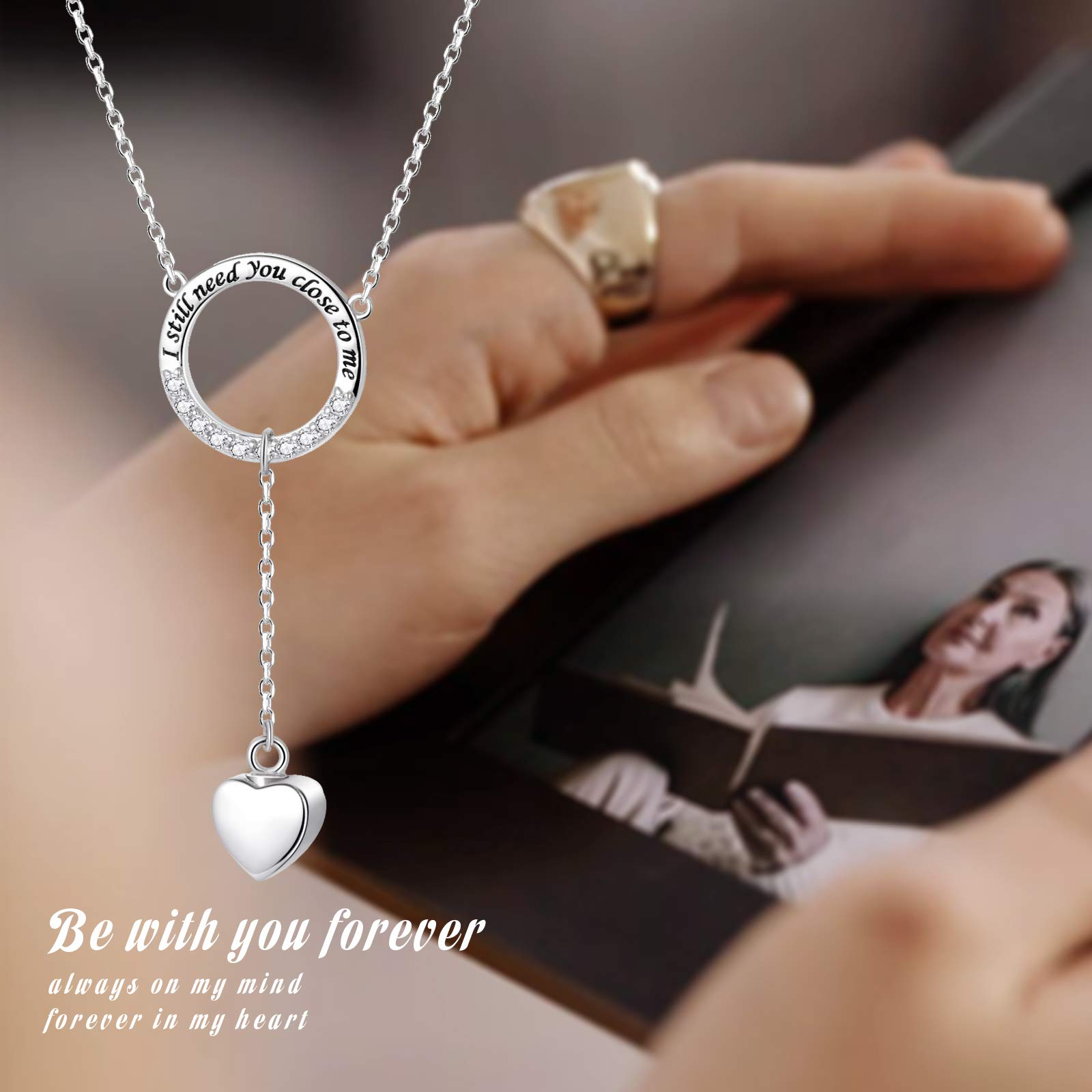 S925 Sterling Silver Heart Cremation Urn Necklace for Ashes Jewelry Memorial Circle Pendant Necklace with CZ I Still Need You Close to Me for MomDadGrandmaGrandpa (Purely Love), 1.06 * 0.79