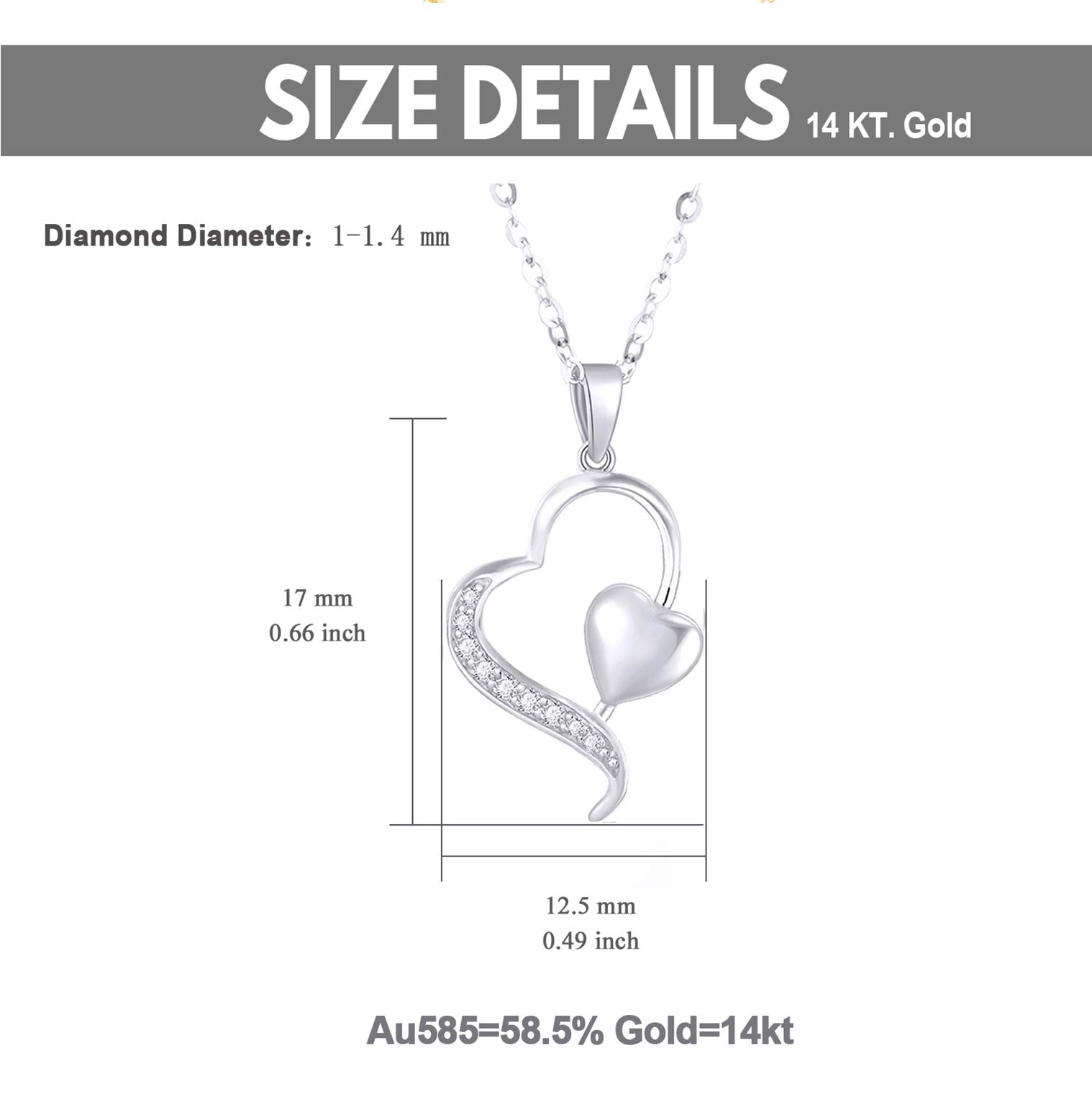 14k White Gold Diamond Heart Pendant Necklace for Women, Fine Anniversary Jewelry for Wife/Girlfriend, Love Gifts for Her (0.1ct), 16+1+1 Inch