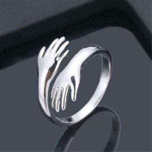 SUNTIRC Ring Silver Heart Love Hug Hands One Size Adjustable Ring Jewelry (1pc)