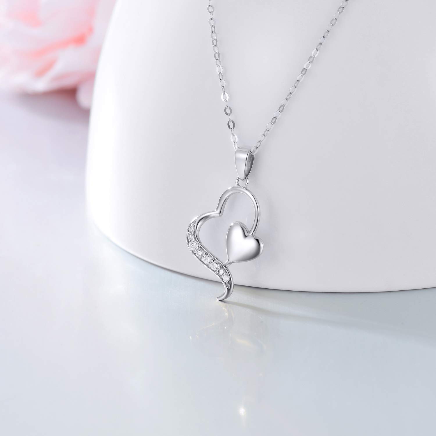 14k White Gold Diamond Heart Pendant Necklace for Women, Fine Anniversary Jewelry for Wife/Girlfriend, Love Gifts for Her (0.1ct), 16+1+1 Inch