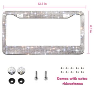 OKLPF Bling License Plate Frame for Women, white Sparkly Stainless Steel License Plate Frames| Over 1200 pcs 14 Facets Bedazzled Clear Glass Rhinestone Crystals w/Free Glitter Diamond BOX, 1 Pcs