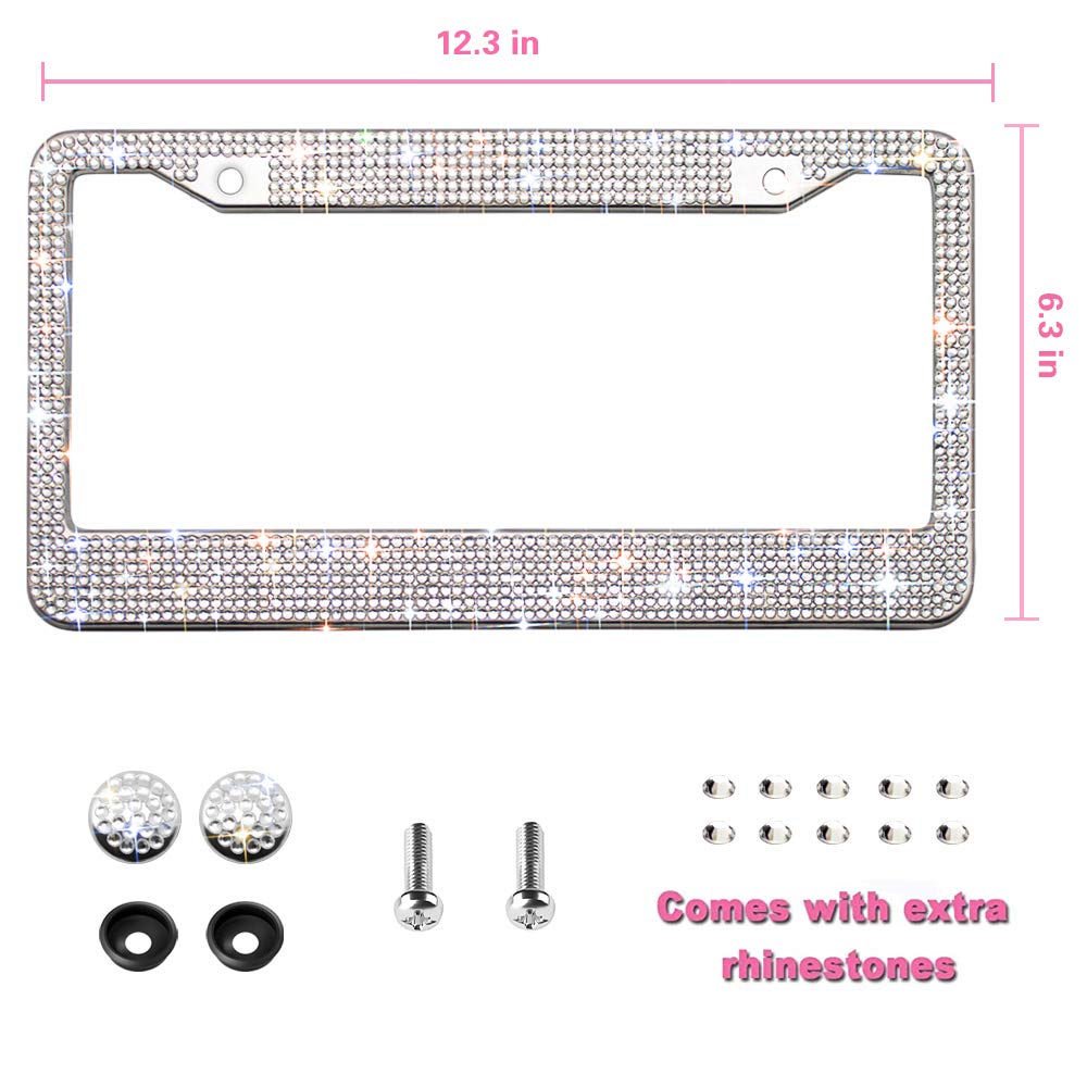 OKLPF Bling License Plate Frame for Women, white Sparkly Stainless Steel License Plate Frames| Over 1200 pcs 14 Facets Bedazzled Clear Glass Rhinestone Crystals w/Free Glitter Diamond BOX, 1 Pcs