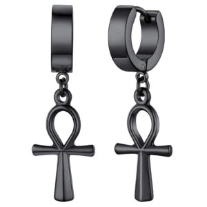 FaithHeart Ladies Stainless Steel Ankh Cross Dangle Hinged Hoop Earrings, Women Hoop Huggie Earrings Egyptian Cross Drop Dangle Earrings-Black