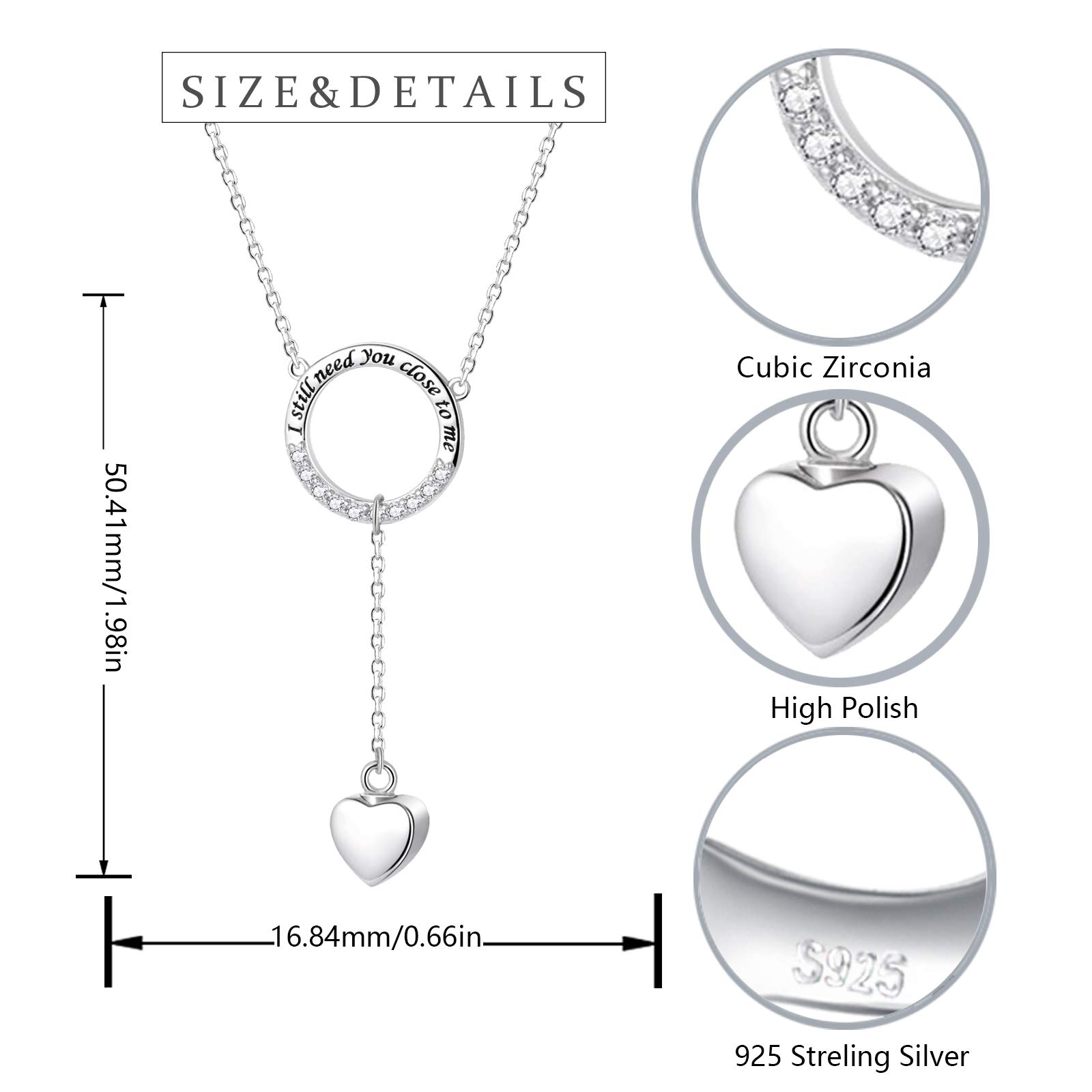 S925 Sterling Silver Heart Cremation Urn Necklace for Ashes Jewelry Memorial Circle Pendant Necklace with CZ I Still Need You Close to Me for MomDadGrandmaGrandpa (Purely Love), 1.06 * 0.79