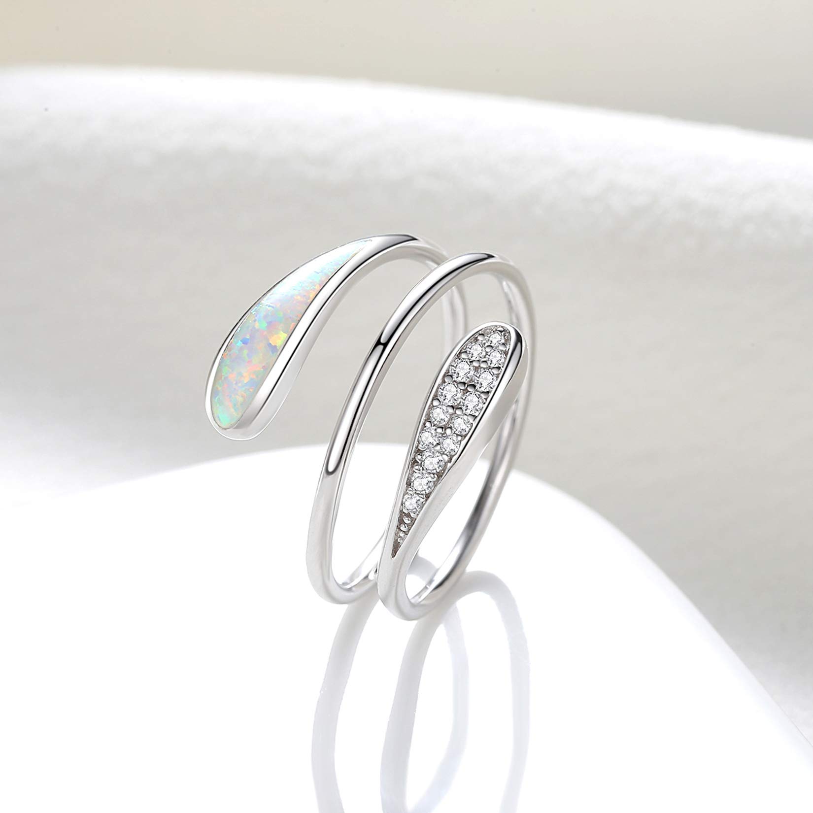 VIKI LYNN 925 Sterling Silver Opal Helix Stacking Rings with Cubic Zirconia Spiral Rings for Women