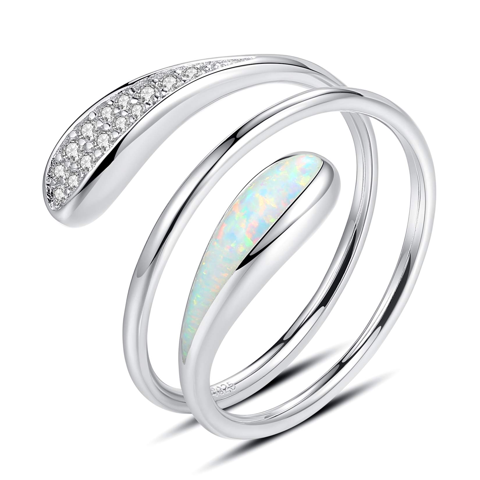 VIKI LYNN 925 Sterling Silver Opal Helix Stacking Rings with Cubic Zirconia Spiral Rings for Women