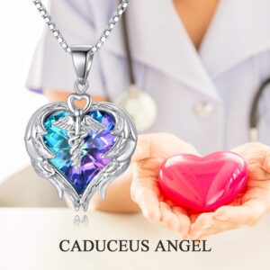 AOBOCO 925 Sterling Silver Nurse Necklace with Caduceus Angel Wing Heart Charm, Nurse Jewelry Gift for Doctor Nurse Medical Student, Made with Austrian(Blue-purple)