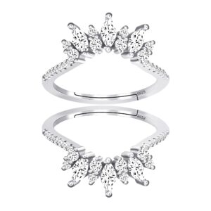 Women's Marquise-Shape CZ Engagement Band Guard Enhancers Silver Stacking Wedding Ring Set Platinum Plated (size 6)