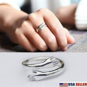 SUNTIRC Ring Silver Heart Love Hug Hands One Size Adjustable Ring Jewelry (1pc)