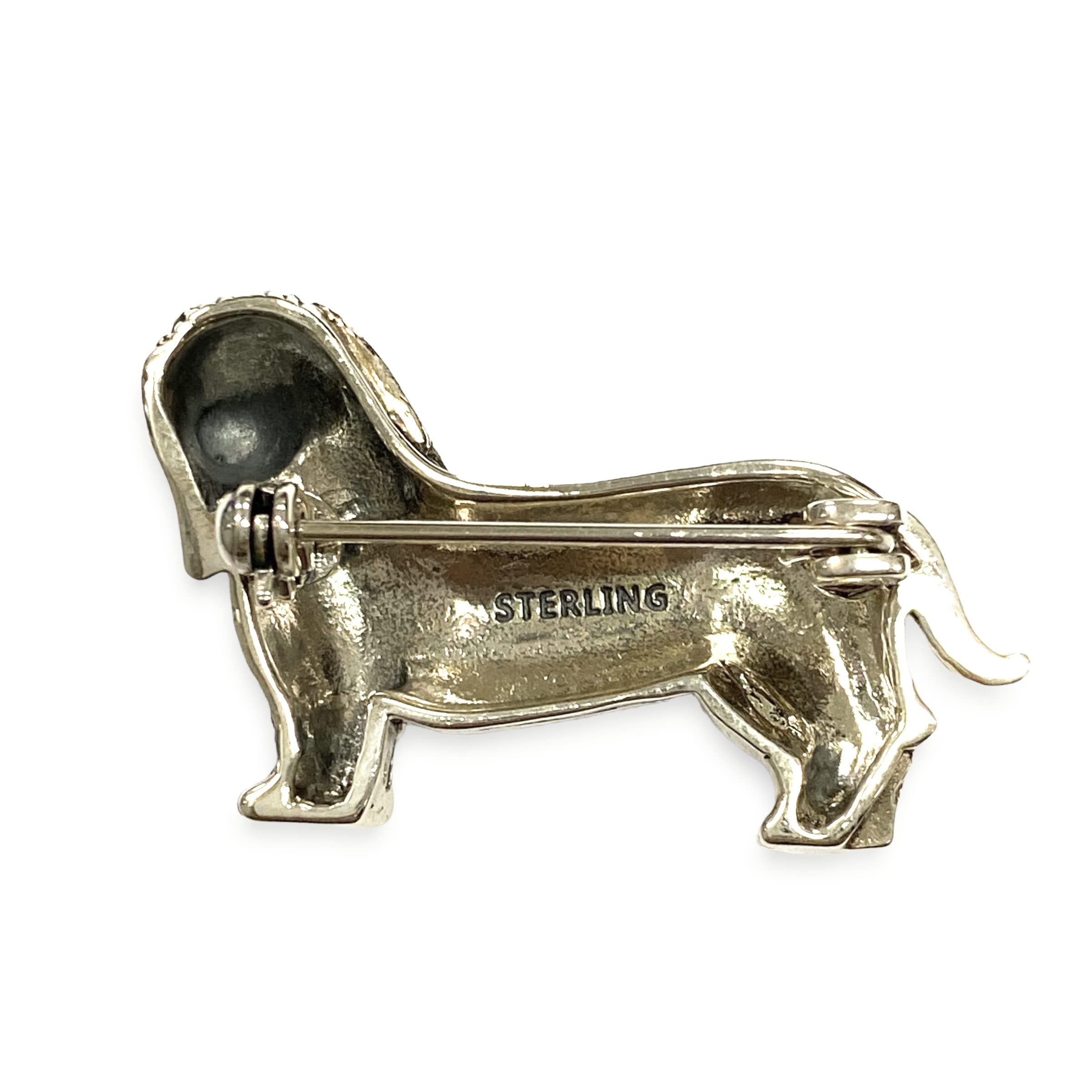 Art Deco Style Dachshund Dog Pin Brooch with Marcasite and Ruby Stone 925 Sterling Silver