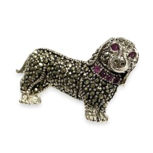 Art Deco Style Dachshund Dog Pin Brooch with Marcasite and Ruby Stone 925 Sterling Silver