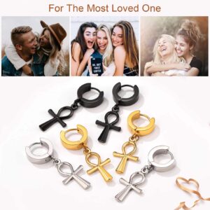 FaithHeart Ladies Stainless Steel Ankh Cross Dangle Hinged Hoop Earrings, Women Hoop Huggie Earrings Egyptian Cross Drop Dangle Earrings-Black